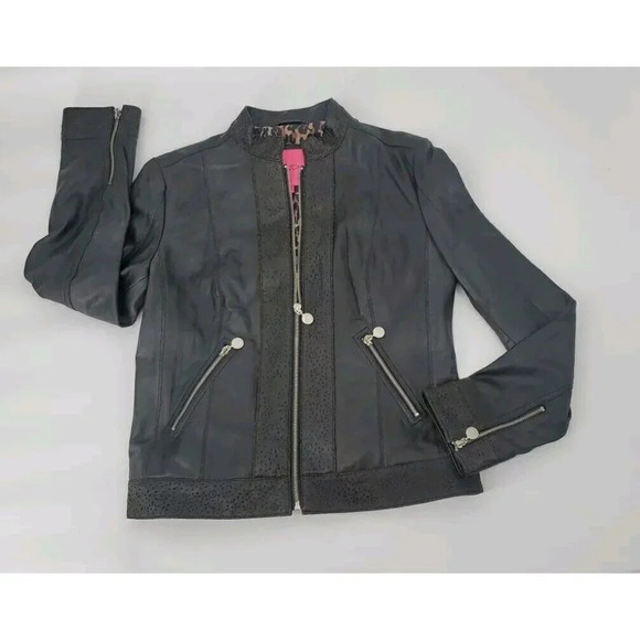 Betsey Johnson Leather Black Moto Biker Jacket Detail Leather Trim Zip Large